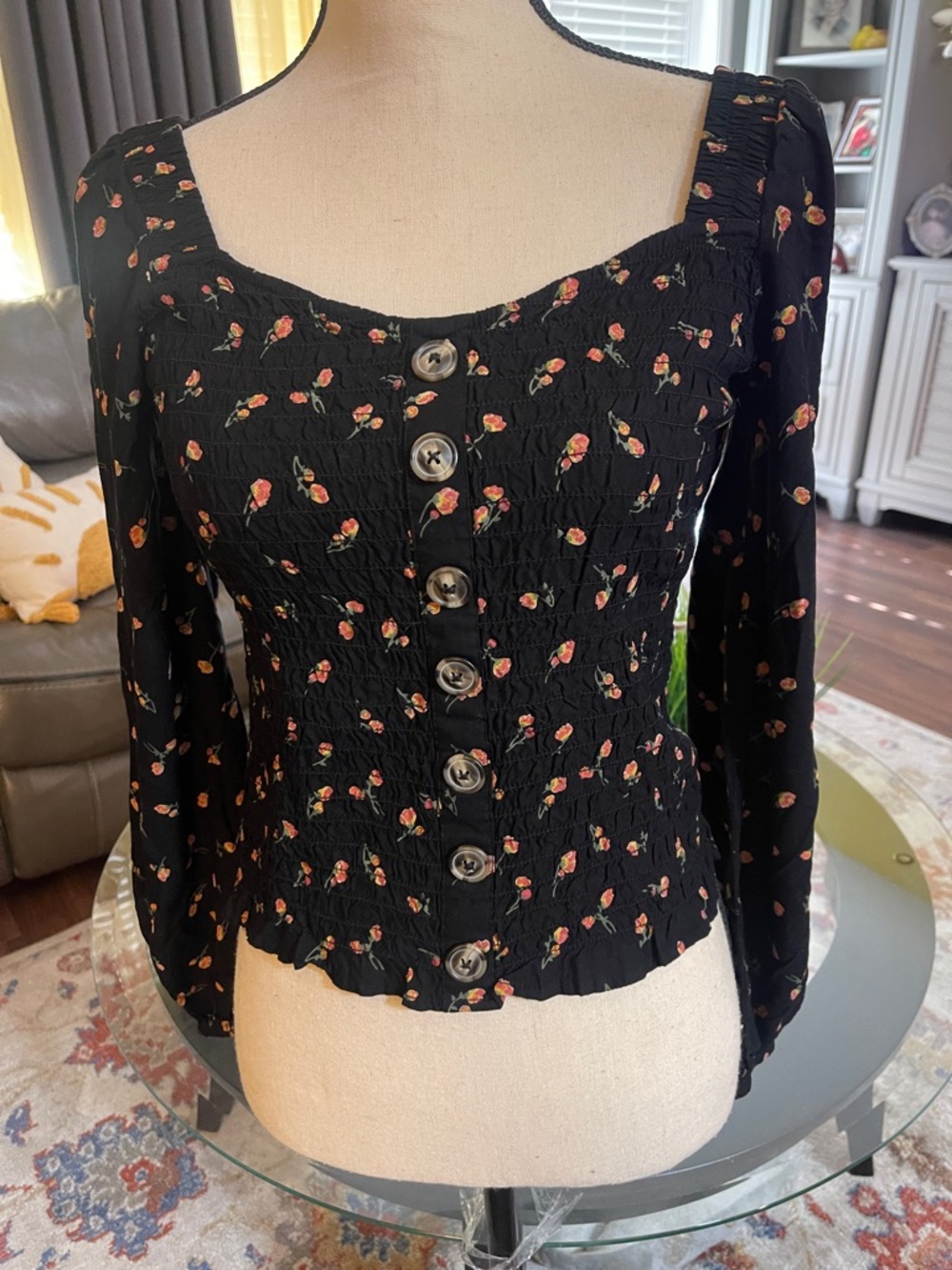 No Boundaries Black Smocked Button-Front Floral Blouse